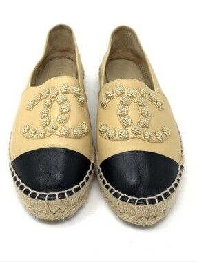 CHANEL Beige Lambskin Camellia Studded CC Espadrilles